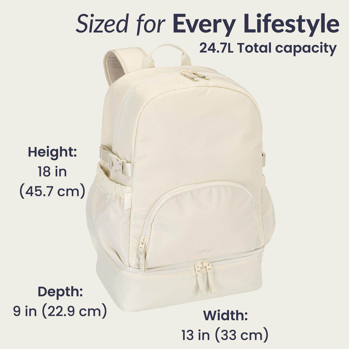 Bentgo® 2-in-1 Backpack & Lunch Bag - Bone | Sized For Every Lifestyle - Product Dimensions