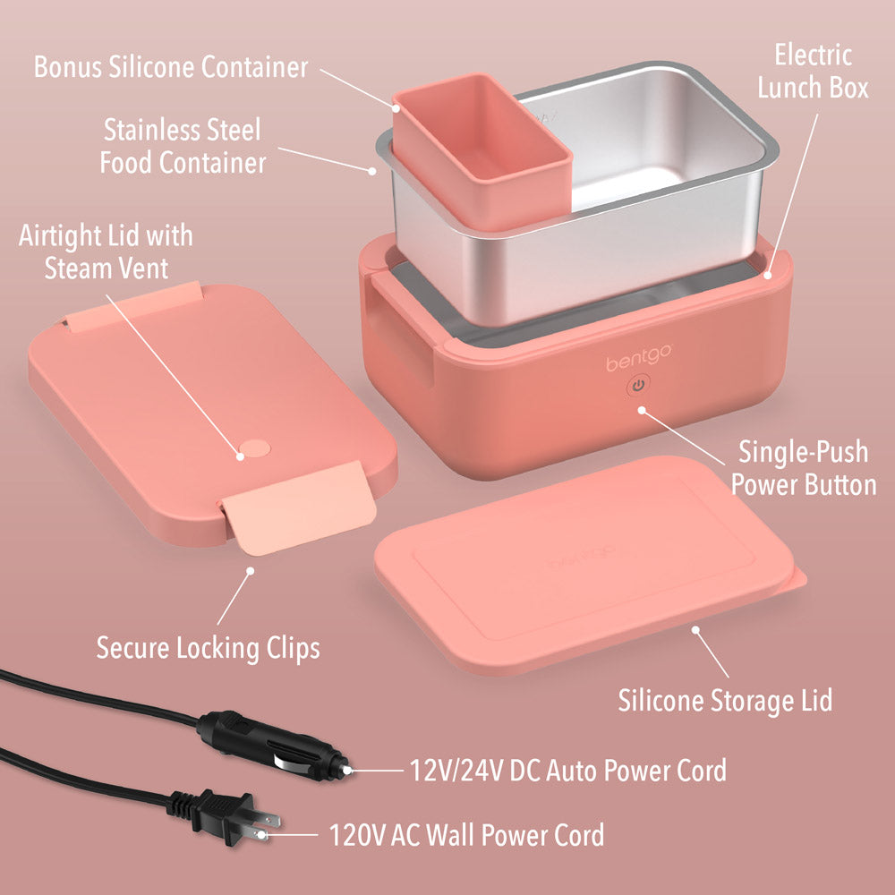 Bentgo® Heat Electric Lunch Box - Pink Spice | Includes Electric Lunch Box, Secure Locking Clips, Single-Push Power Button, Bonus Silicone Container, Stainless Steel Food Container, Silicone Storage Lid, 12V/24V DC Auto Power Cord, 120V AC Wall Power Cord, And Airtight Lid with Steam Vent