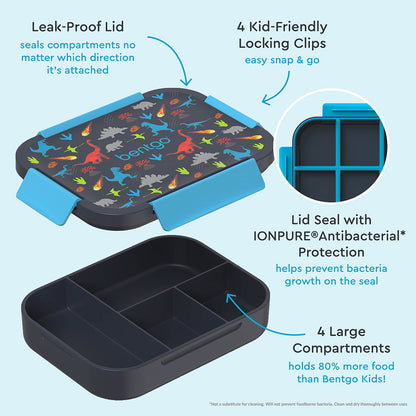 Bentgo® Kids Snap & Go Lunch Box | Dinosaur - Our Lunch Box Features A Leak-Proof Lid, Kid-Friendly Locking Clips, and 4 Large Compartments