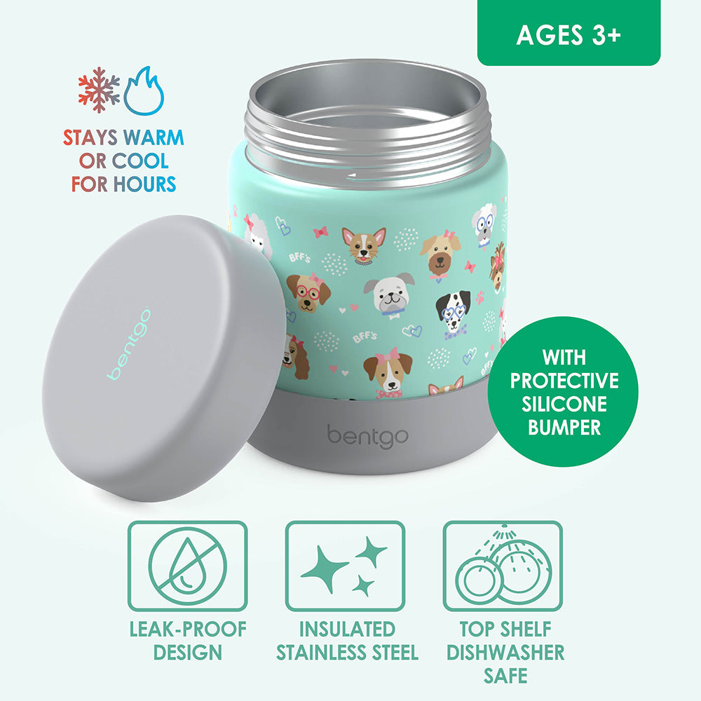 Bentgo® Kids Stainless Steel Food Jar - Puppy Love | Stainless Steel Food Jar Features Leak-Proof Design With Protective Silicone Bumper