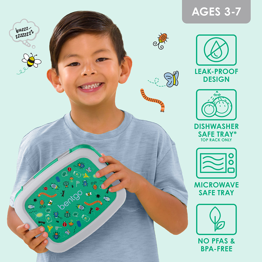 Bentgo Kids Prints Lunch Box - Bug Buddies | Leak-Proof Design, Dishwasher Safe Tray (Top Rack Only), Microwave Safe Tray And No PFAS & BPA-Free