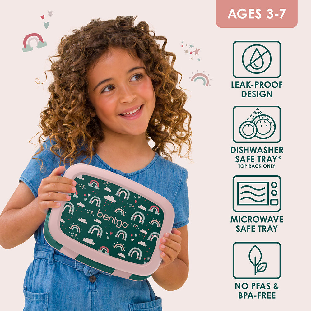Bentgo Kids Prints Lunch Box - Green Rainbow | Leak-Proof Design, Dishwasher Safe Tray (Top Rack Only), Microwave Safe Tray And No PFAS & BPA-Free