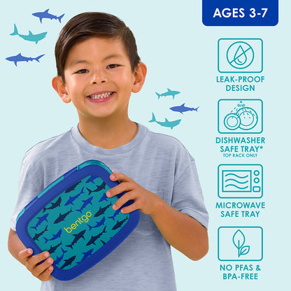 Bentgo Kids Prints Lunch Box - Sharks | Leak-Proof Design, Dishwasher Safe Tray (Top Rack Only), Microwave Safe Tray And No PFAS & BPA-Free