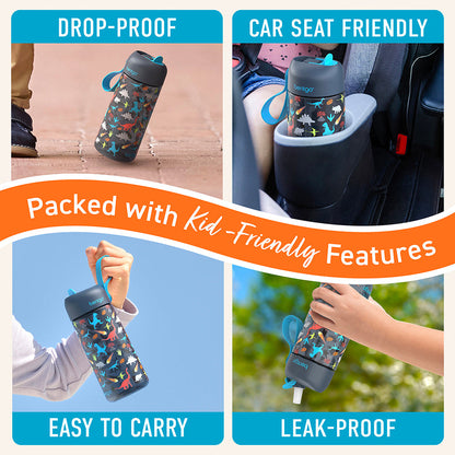 Bentgo® Kids Water Bottle - Dinosaur | Made with Kid-Friendly Features - Leak-Proof, Drop-Proof, Car Seat Friendly, And Easy to Carry