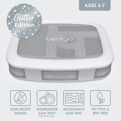 Bentgo® Kids Lunch Box - Silver Glitter | Leak-Proof Design, Dishwasher Safe Tray - Leak-Proof Design, Dishwasher Safe Tray (Top Rack Only), Microwave Safe Tray, And No PFAs & BPA-Free
