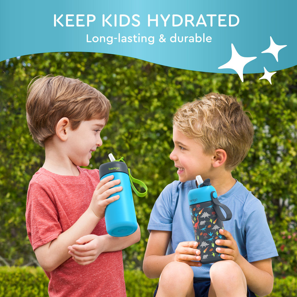 Bentgo® Kids Stainless Steel Insulated Water Bottle (2-Pack) - Dinosaur/Dino-Mite Blue | Keep Kids Hydrated - Long-Lasting & Durable