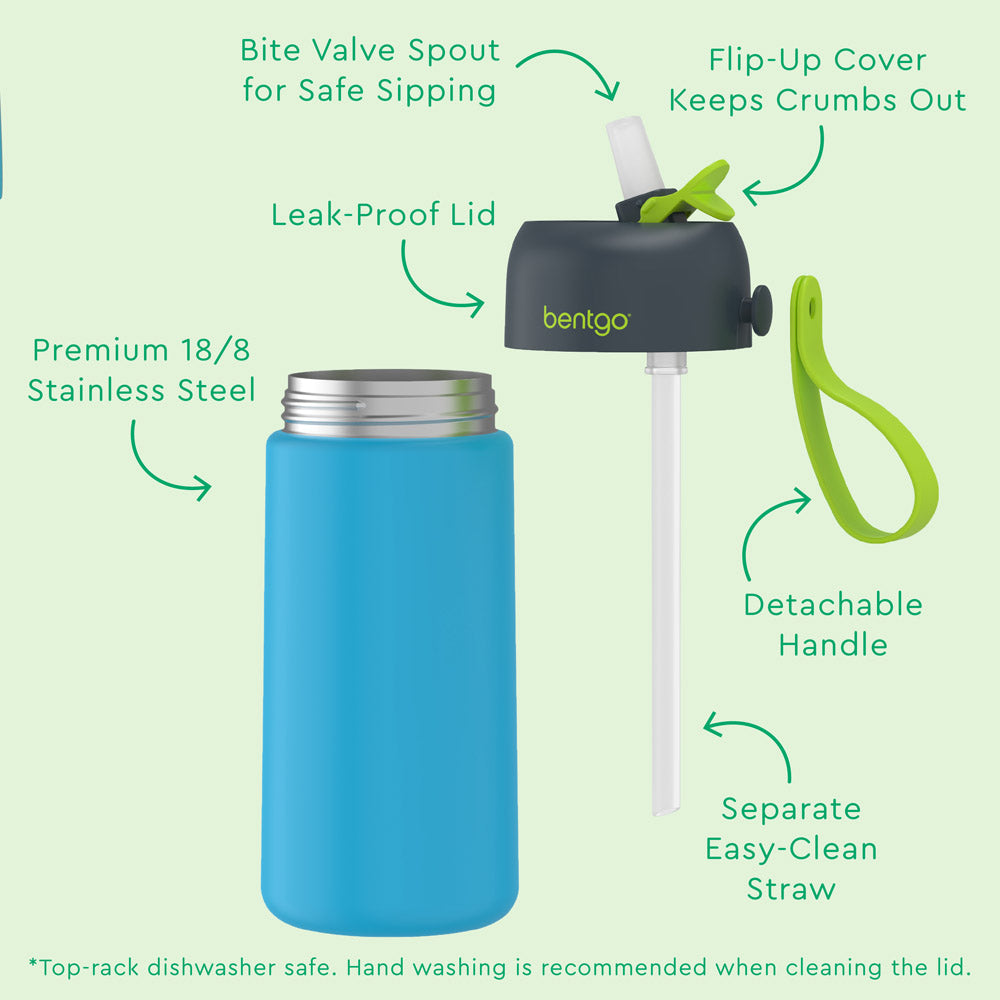 Bentgo® Kids Stainless Steel Insulated Water Bottle (2-Pack) - Dinosaur/Dino-Mite Blue | Features Bite Valve Spout For Safe Sipping, Flip-Up Cover Keeps Crumbs Out, Detachable Handle, Premium 18/8 Stainless Steel, Separate Easy-Clean Straw, And Leak-Proof Lid