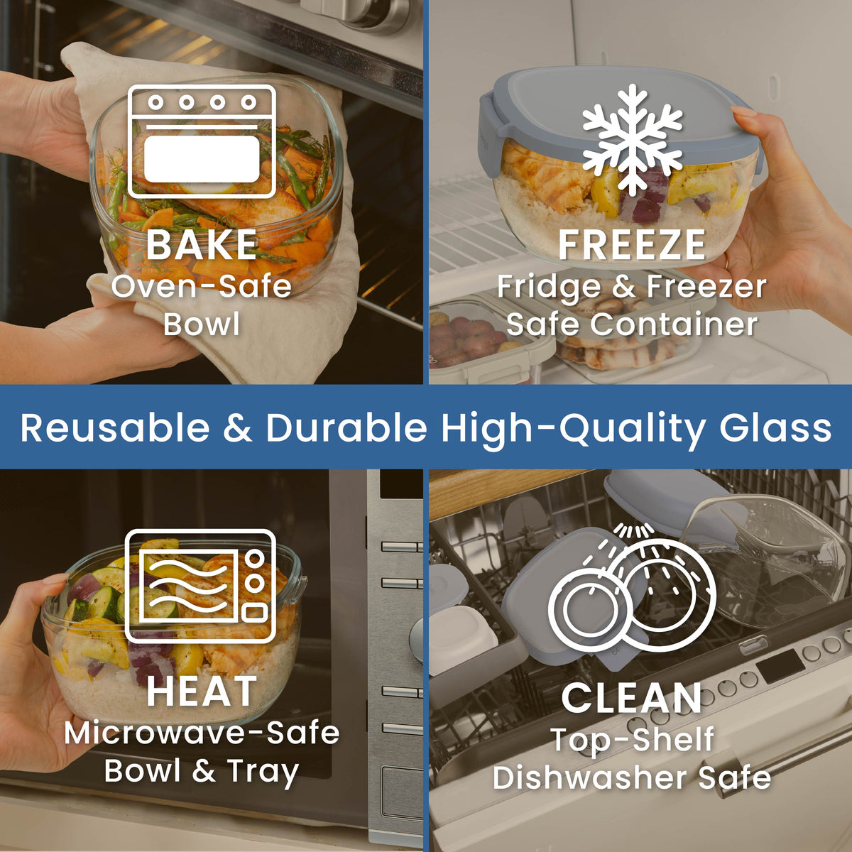Bentgo® Glass Salad Container - Light Blue | Made With Reusable & Durable High-Quality Glass. Oven Safe, Fridge & Freezer Safe, Microwave Safe, and Top-Shelf Dishwasher Safe