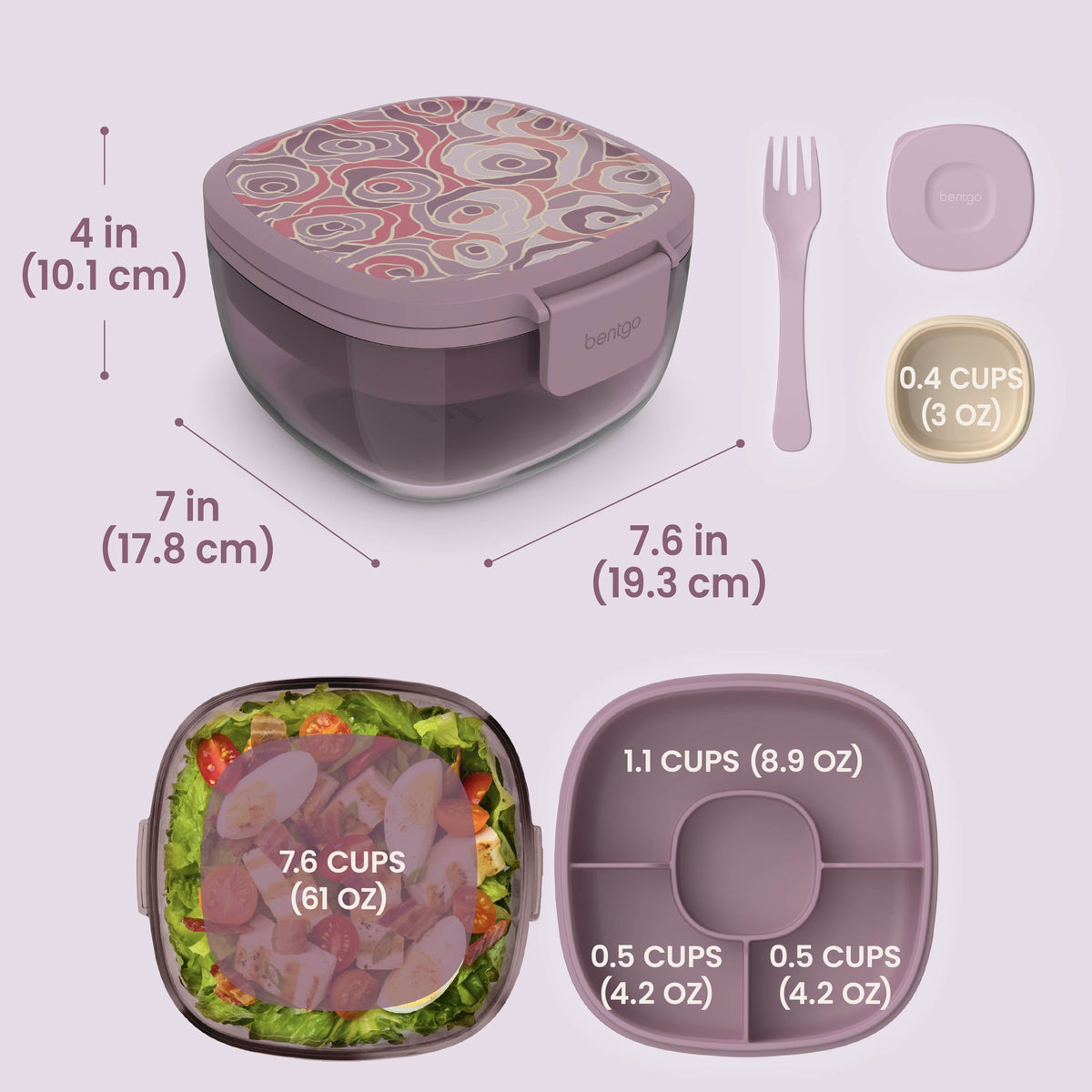 Bentgo® Glass Prints All-in-One Salad Container - Floral Maximalist - Bouquet | Salad Container Dimensions