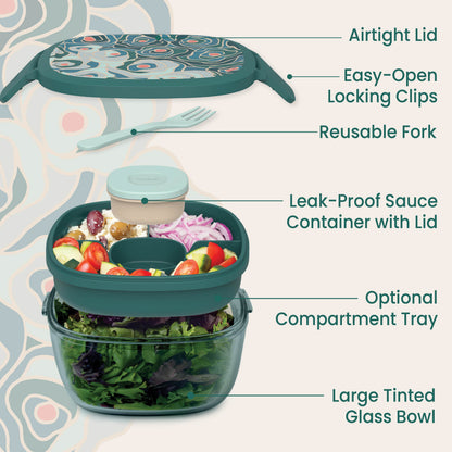 Bentgo® Glass Prints All-in-One Salad Container - Floral Maximalist - Sea | Salad Container Contains An Airtight Lid With Designer Print, Easy-Open Locking Clips, Reusable Fork, Leak-Proof Sauce Container With Lid, Optional Compartment Tray, And Large Tinted Glass Bowl