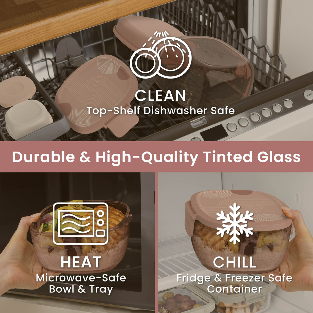 Bentgo® Glass Prints All-in-One Salad Container - Mod Curve - Desert Rose | Durable & High-Quality Tinted Glass. Microwave Safe, Fridge & Freezer Safe And Dishwasher Safe
