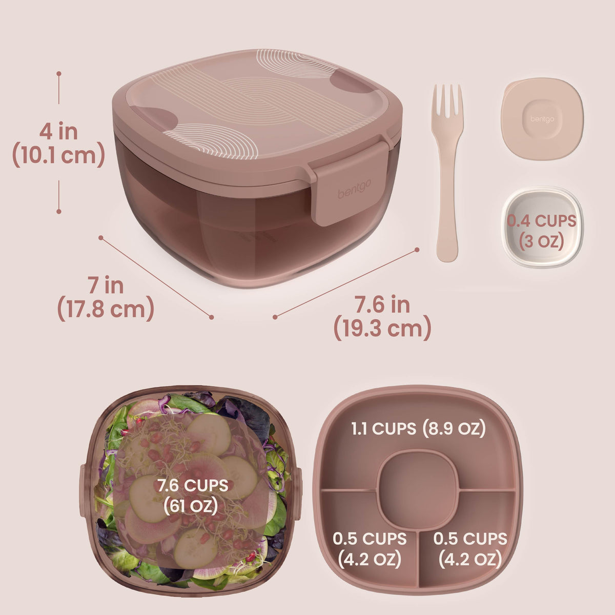 Bentgo® Glass Prints All-in-One Salad Container - Mod Curve - Desert Rose | Salad Container Dimensions