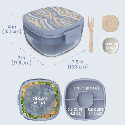 Bentgo® Glass Prints All-in-One Salad Container - Wildly Chic - Soft Blue | Salad Container Dimensions