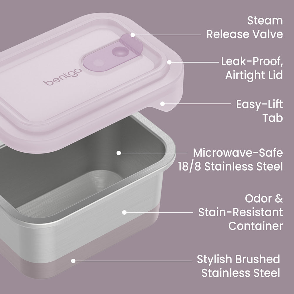 Bentgo® MicroSteel Heat & Eat Container - Lunch Size 3 Cups - Dusk | Steam Release Valve, Leak-Proof Airtight Lid, Easy-Lift Tab, Microwave-Safe 18/8 Stainless Steel, Odor & Stain-Resistant Container, And Stylish Brushed Stainless Steel