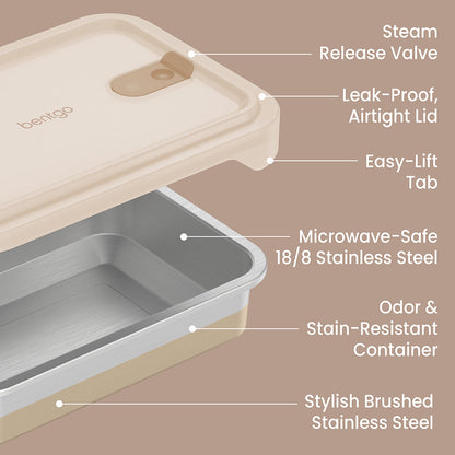Bentgo® MicroSteel Heat & Eat Container - Dinner Size 5.5 Cups - Gold | Steam Release Valve, Leak-Proof Airtight Lid, Easy-Lift Tab, Microwave-Safe 18/8 Stainless Steel, Odor & Stain-Resistant Container, And Stylish Brushed Stainless Steel