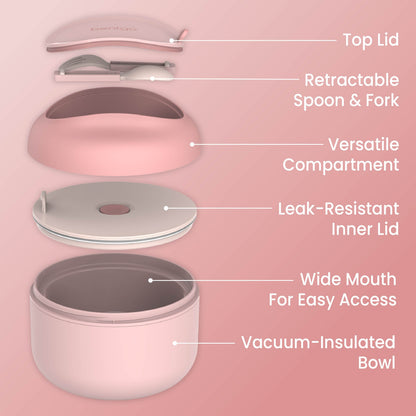 Bentgo® Bowl - Blush | Top Lid, Retractable Spoon & Fork, Versatile Compartment, Wide Mouth For Easy Access, Leak-Resistant Inner Lid, And Vacuum-Insulated Bowl