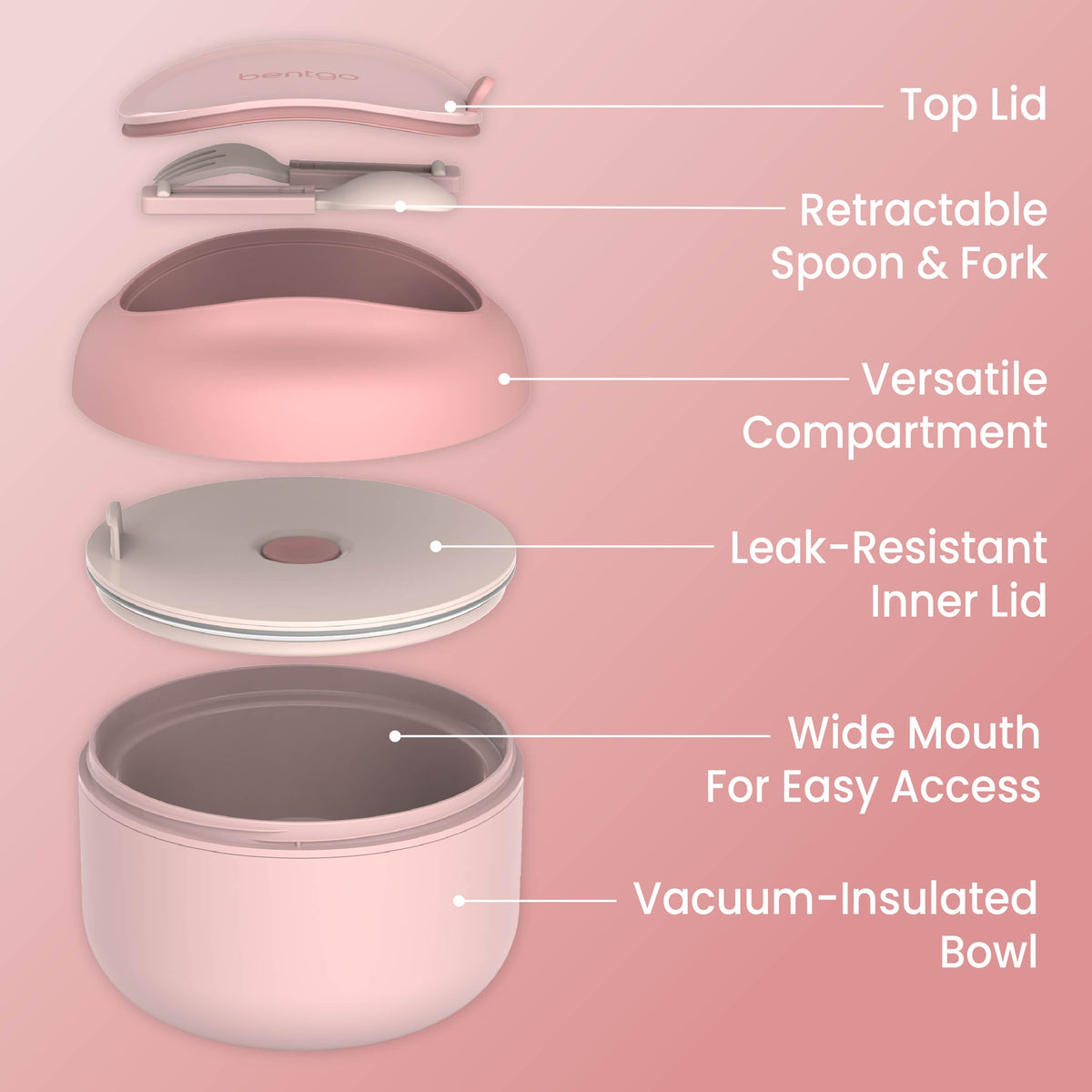 Bentgo® Bowl (2-Pack) - Blush | Top Lid, Retractable Spoon & Fork, Versatile Compartment, Wide Mouth For Easy Access, Leak-Resistant Inner Lid, And Vacuum-Insulated Bowl