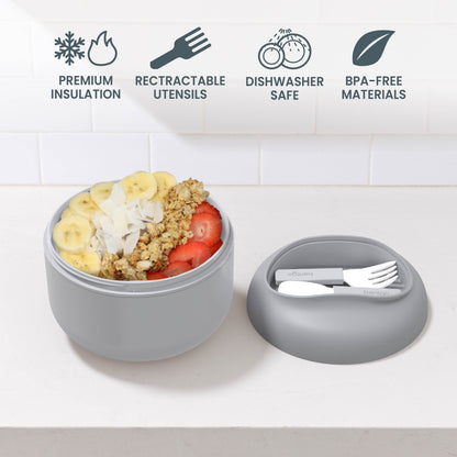 Bentgo® Bowl (2-Pack) - Gray | Premium Insulation, Retractable Utensils, Dishwasher Safe, And BPA-Free Materials