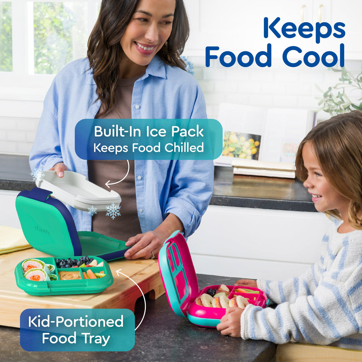 Bentgo® Chill Kids Lunch Box (2-Pack) - Green/Navy | Built-In Ice Pack Keeps Food Chilled And Kid-Portioned Food Tray