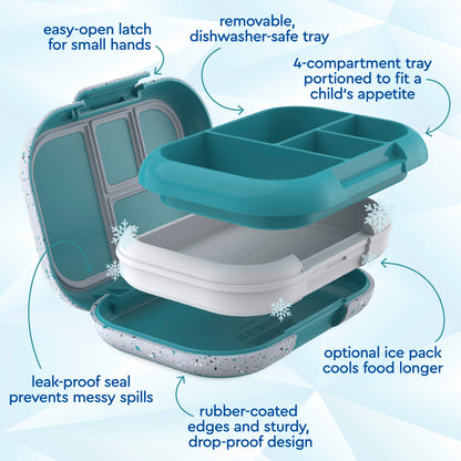 Bentgo® Chill Kids Lunch Box - Truly Teal Speckle | Easy-Open Latch For Small Hands, Removable, Dishwasher-Safe Tray, 4-Compartment Tray Portioned To Fit A Child’s Appetite, Leak-Proof Seal Prevents Messy Spills, Optional Ice Pack Cools Food Longer, Rubber-Coated Edges And Sturdy, Drop-Proof Design