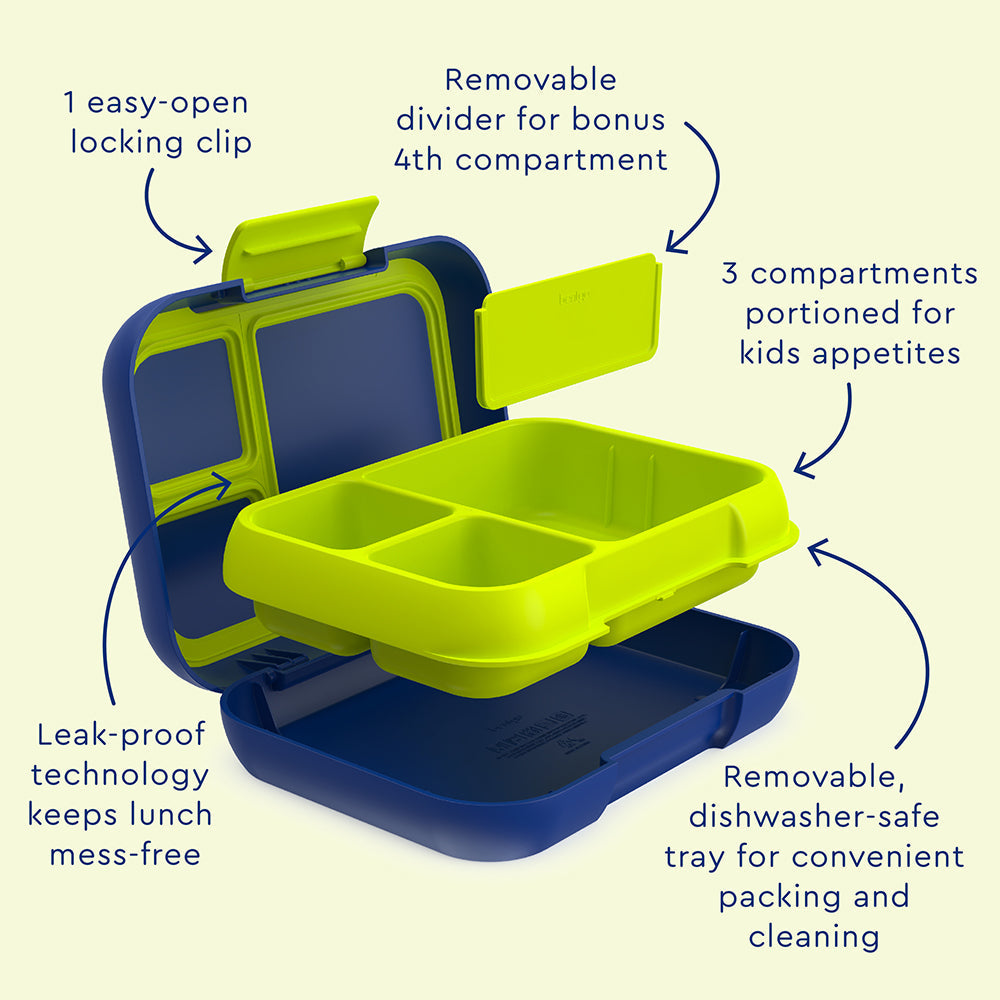 Bentgo® Pop Lunch Box- Navy Blue/Chartreuse | 1 Easy-Open Locking Clip, Removable Divider For Bonus 4th Compartment, 3 Compartments Portioned For Kids Appetites, Leak-Proof Technology Keeps Lunch Mess-Free, And Removable, Dishwasher-Safe Tray For Convenient Packing And Cleaning