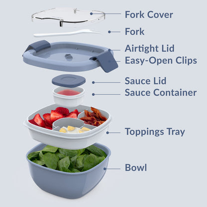 Bentgo® All-in-One Salad Container - Slate | Includes Fork Cover, Fork, Airtight Lid, Easy-Open Clips, Sauce Lid, Sauce Container, Toppings Tray, And Bowl