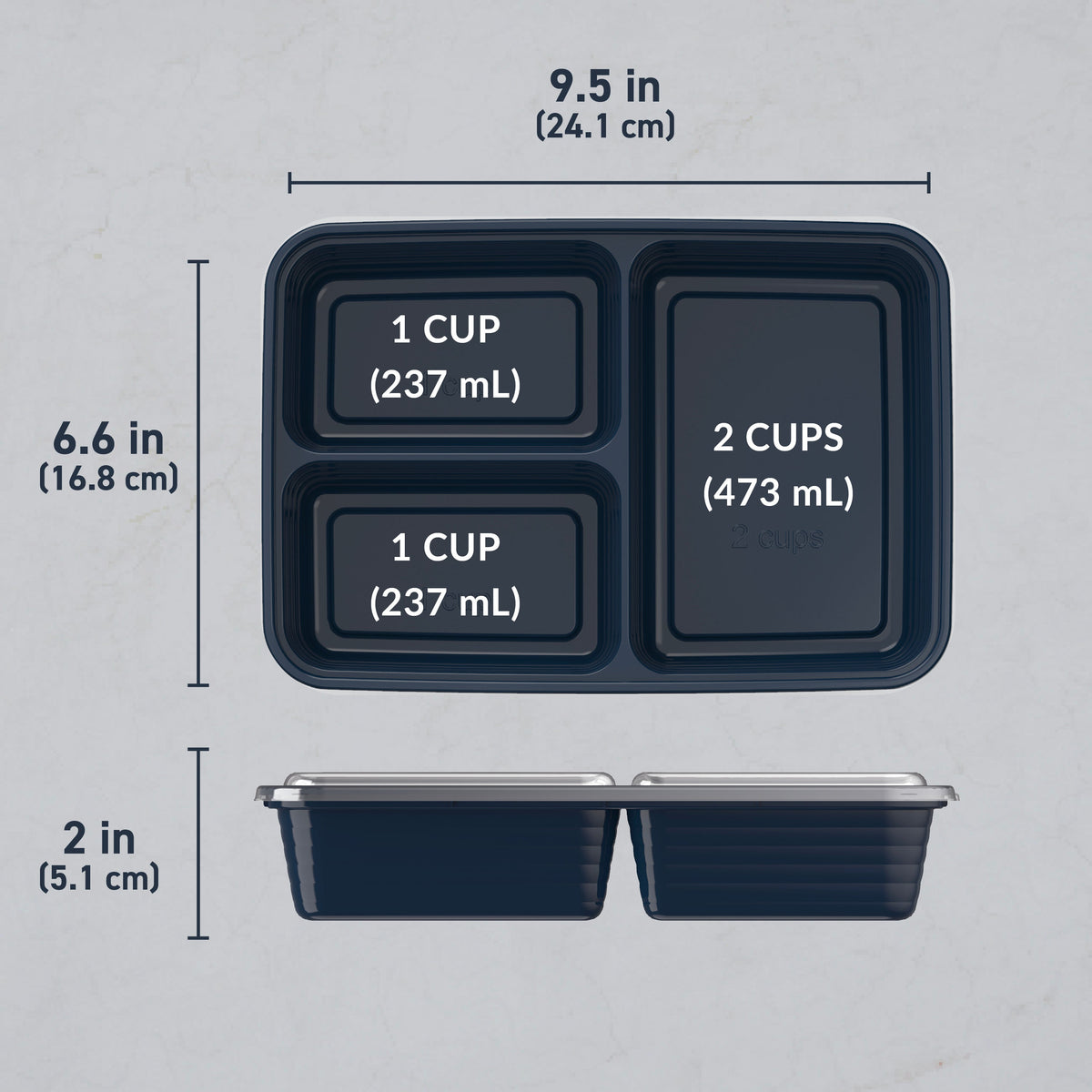 Bentgo® Prep 3-Compartment Meal Prep Containers (20-Piece) - Navy Blue | Dimensions