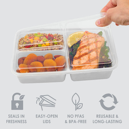Bentgo® Prep 3-Compartment Meal Prep Containers (20-Piece) - Silver | Seals In Freshness, Easy-Open Lids, NO PFAS & BPA-Free, Reusable & Long-Lasting