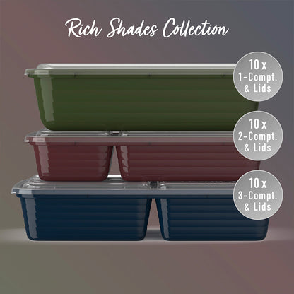 Bentgo® Prep 60-Piece Meal Prep Kit - Rich Shades | 10x 1-Compartment & Lids, 10x 2-Compartment Containers & Lids And 30x 3-Compartment Containers & Lids