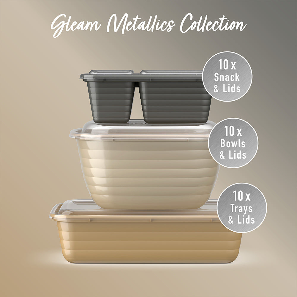 Bentgo® Prep 60-Piece Variety Meal Prep Kit - Gleam Metallics | 10x Snack Containers & Lids, 10x Bowls & Lids And 30x 1-Compartment Trays & Lids