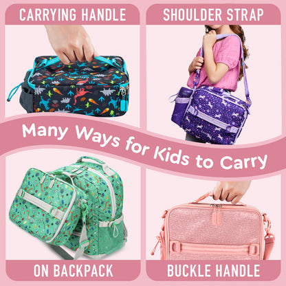 Bentgo® Kids Lunch Bag - Petal Pink Glitter | Many Ways For Kids To Carry - Carrying Handle, Shoulder Strap, On Backpack, And Buckle Handle