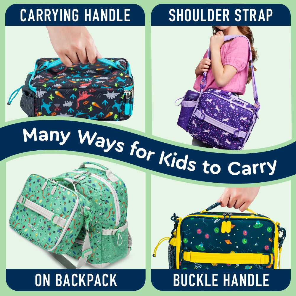 Bentgo® Kids Prints Lunch Bag - Space | Many Ways For Kids To Carry - Carrying Handle, Shoulder Strap, On Backpack, And Buckle Handle