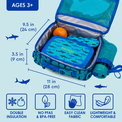 Bentgo® Kids Prints Lunch Bag - Sharks | Double Insulation, PFAS-FREE Materials, Easy Clean Fabric, And Lightweight & Comfortable