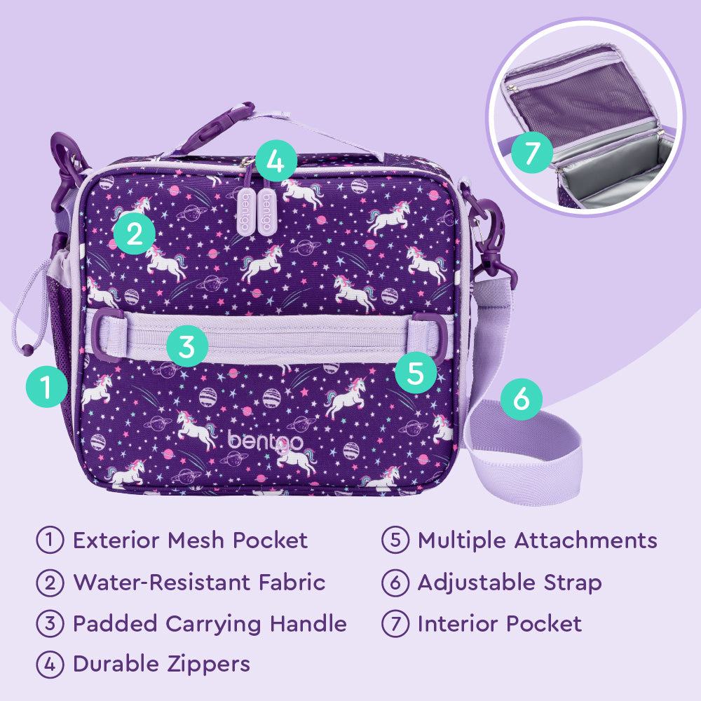 Bentgo® Kids Stainless Steel Lunch Set - Unicorn | Lunch Bag Features Exterior Mesh Pocket, Water-Resistant Fabric, Durable Zippers And More